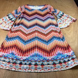 Aryeh Chevron Boho Bell Sleeve Tunic Dress Multicolor Size S